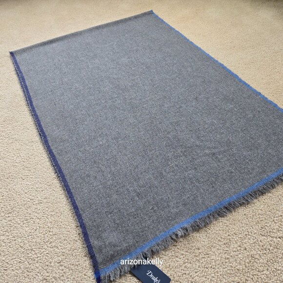 NWT Drake's Wool Cashmere Scarf Grey with Blue Border - Picture 10 of 16